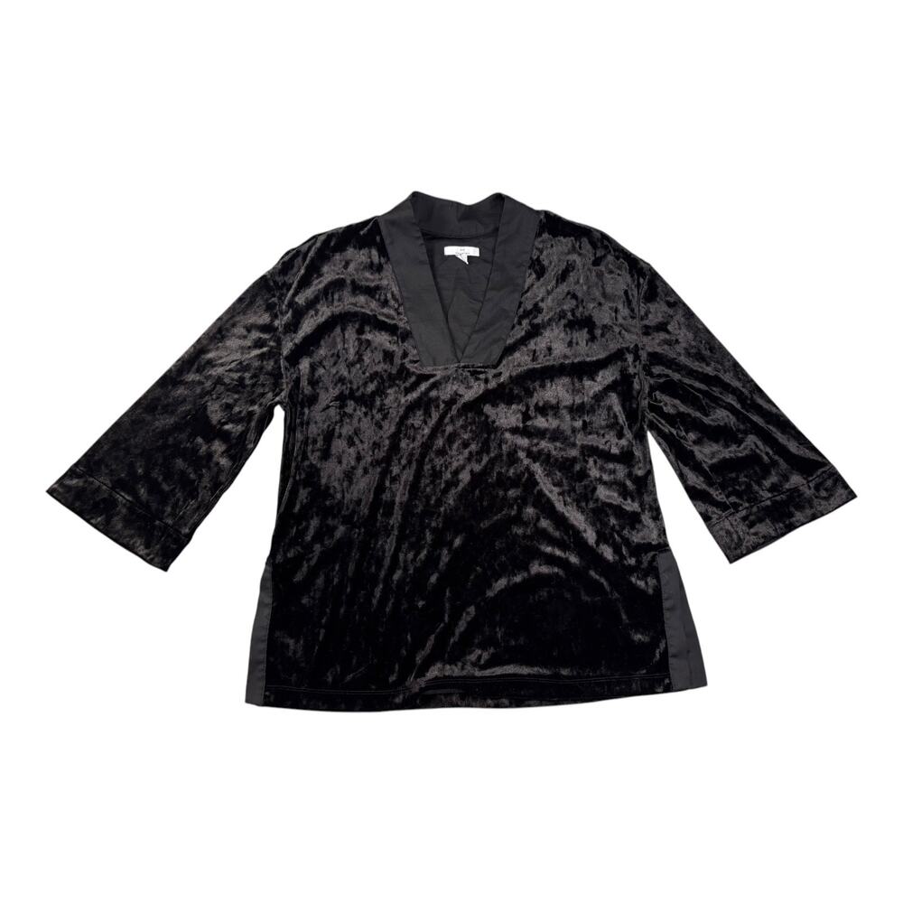 H by HALSTON Women's Black Velvet Velour V-Neck Tunic Blouse Shirt‎ Size Small